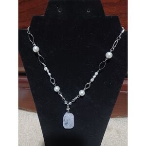 Silver-Toned Faux Pearl & Beaded Necklace w/ Crystal Pendant, 17"
